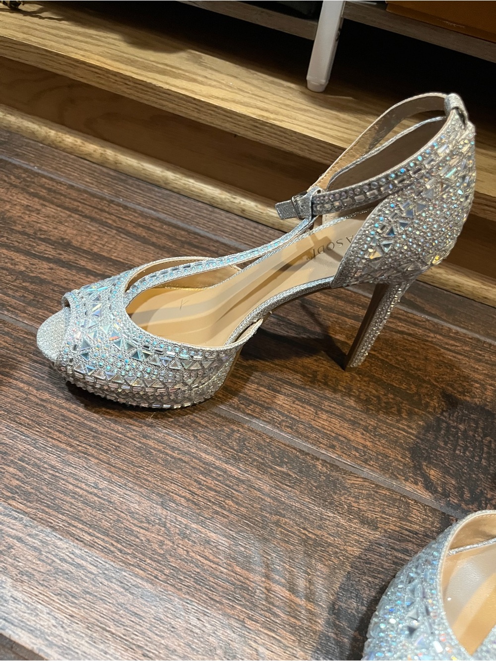 Thalia Sodi Silver Crystal T-Strap Heels